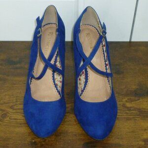 Restricted Bright Blue Faux Suede Rounded Closed Toe Wedges w/Adjustable Strap